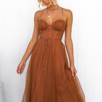Women’s Corset Spaghetti Strap Tulle Midi Dress