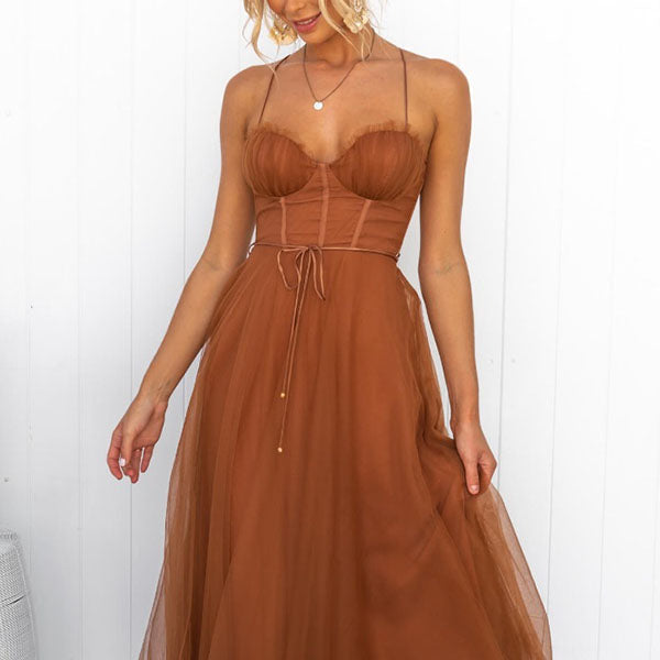 Women’s Corset Spaghetti Strap Tulle Midi Dress