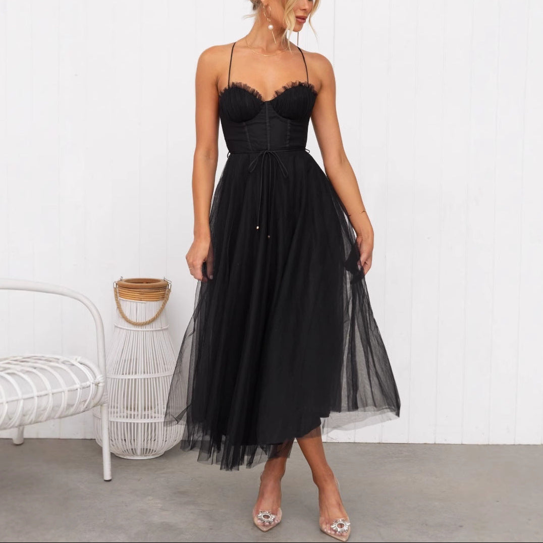 Women’s Corset Spaghetti Strap Tulle Midi Dress