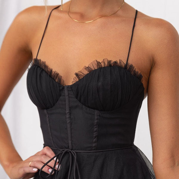 Women’s Corset Spaghetti Strap Tulle Midi Dress