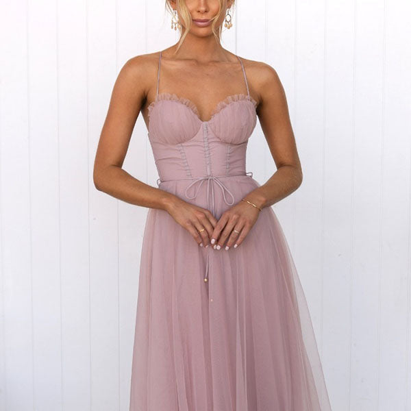 Women’s Corset Spaghetti Strap Tulle Midi Dress
