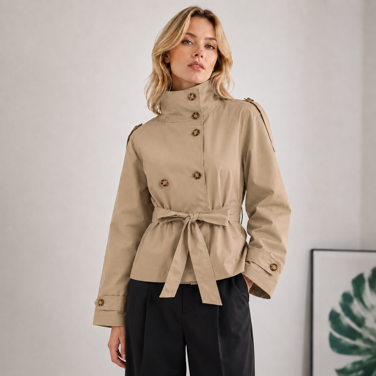 Women’s Cropped Double Breasted Belted Trench Coat