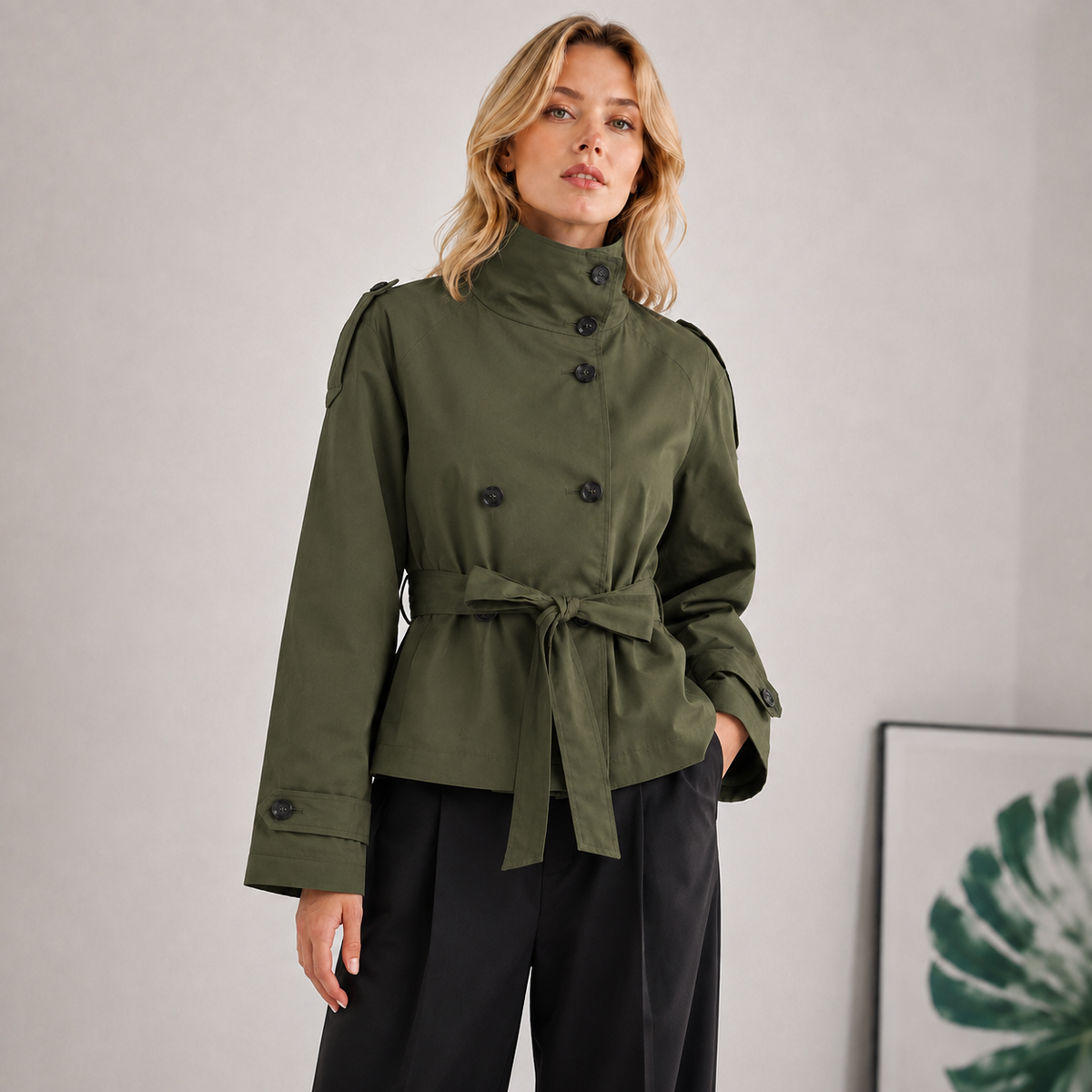 Women’s Cropped Double Breasted Belted Trench Coat