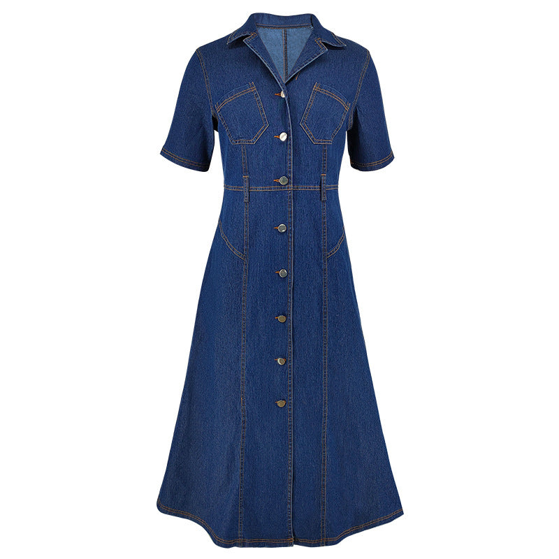 Women’s Denim Button Front Midi Dress with Short Sleeves and Shirt Collar