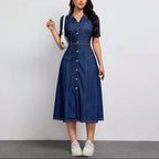 Women’s Denim Button Front Midi Dress with Short Sleeves and Shirt Collar