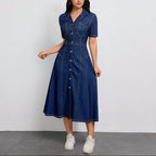 Women’s Denim Button Front Midi Dress with Short Sleeves and Shirt Collar