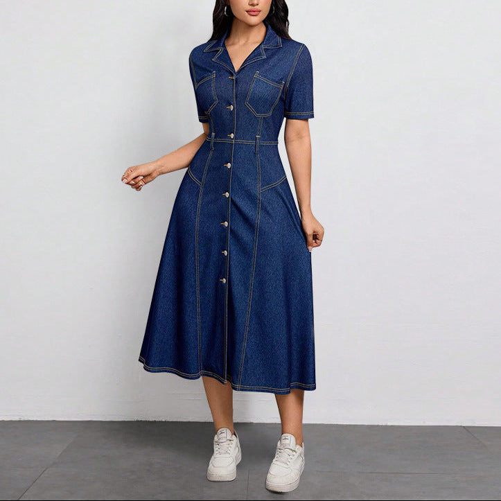 Women’s Denim Button Front Midi Dress with Short Sleeves and Shirt Collar
