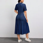Women’s Denim Button Front Midi Dress with Short Sleeves and Shirt Collar