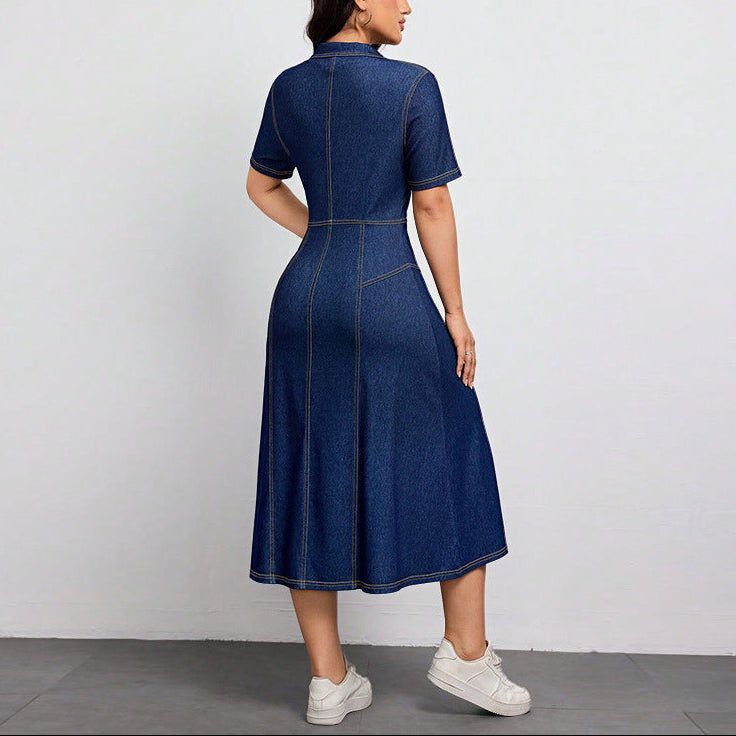 Women’s Denim Button Front Midi Dress with Short Sleeves and Shirt Collar