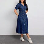 Women’s Denim Button Front Midi Dress with Short Sleeves and Shirt Collar
