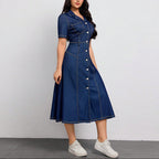 Women’s Denim Button Front Midi Dress with Short Sleeves and Shirt Collar