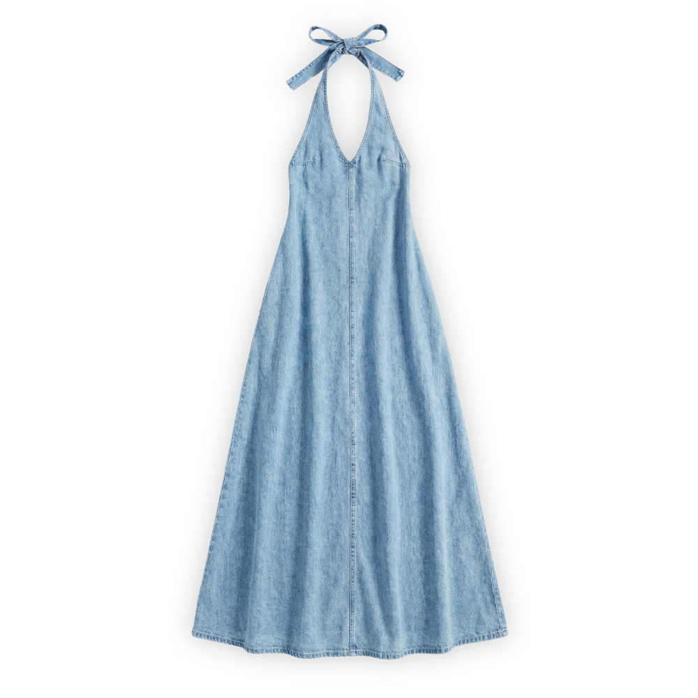 Women’s Denim Halter Neck Backless Maxi Dress with V Neck
