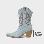 Women’s Denim Western Cowboy Boots with Block Heel