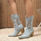 Women’s Denim Western Cowboy Boots with Block Heel