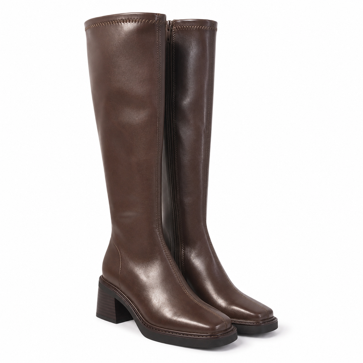 Women’s Faux Leather Knee High Boots with Block Heel and Side Zip