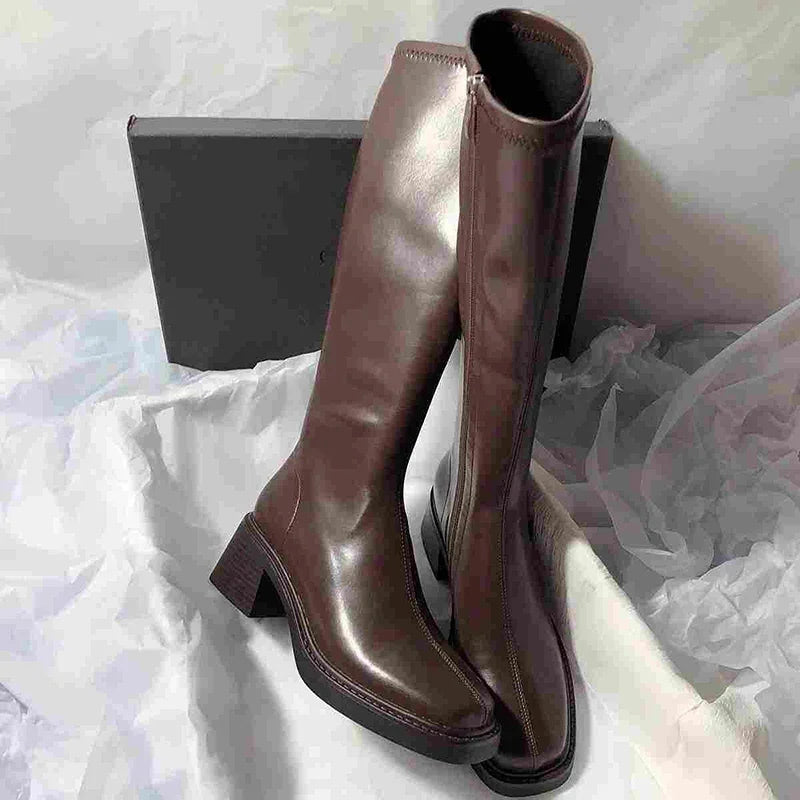Women’s Faux Leather Knee High Boots with Block Heel and Side Zip