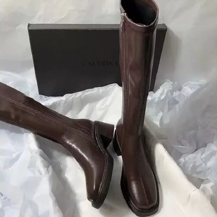 Women’s Faux Leather Knee High Boots with Block Heel and Side Zip