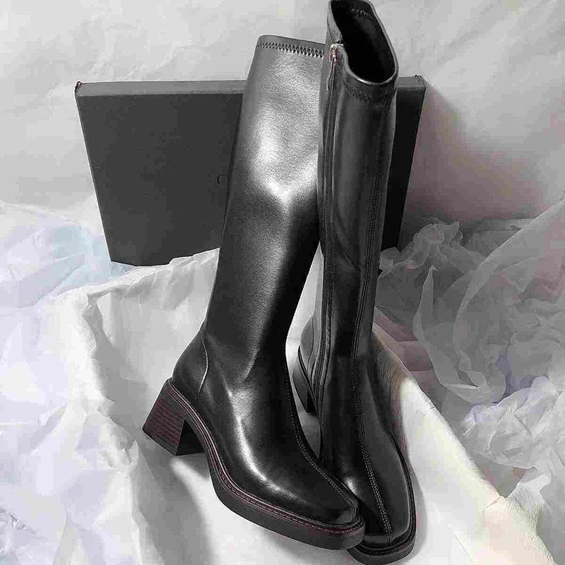 Women’s Faux Leather Knee High Boots with Block Heel and Side Zip