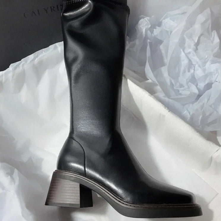 Women’s Faux Leather Knee High Boots with Block Heel and Side Zip