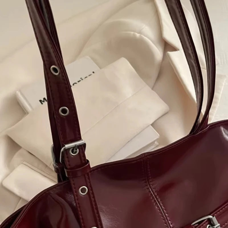 Women’s Faux Leather Shoulder Bag with Buckle Strap Detail