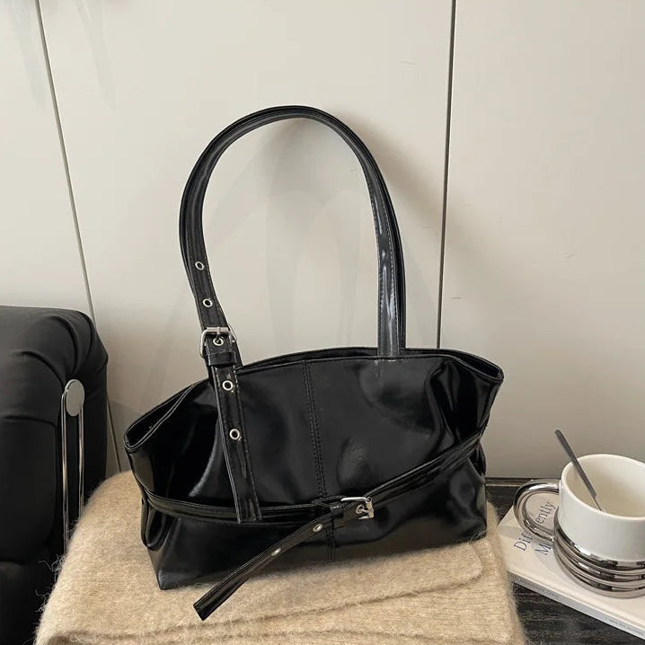 Women’s Faux Leather Shoulder Bag with Buckle Strap Detail