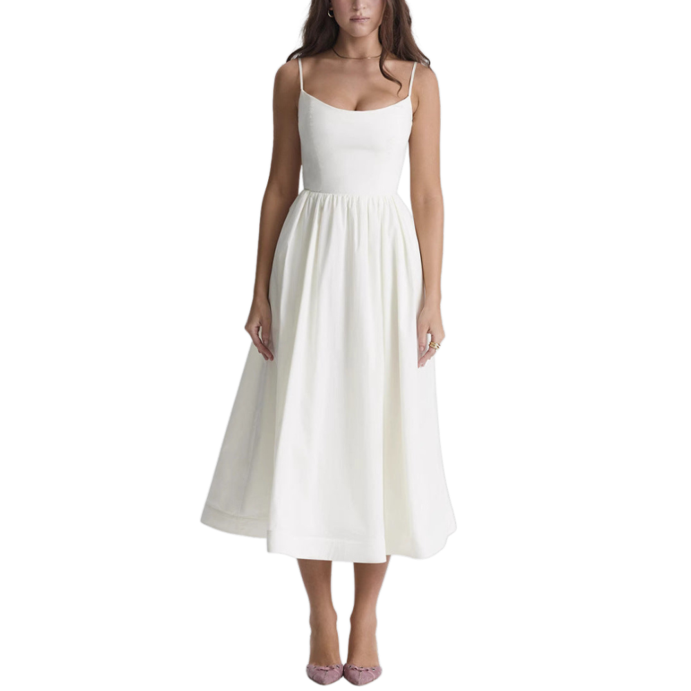 Women’s Fit and Flare Midi Summer Dress with Spaghetti Straps