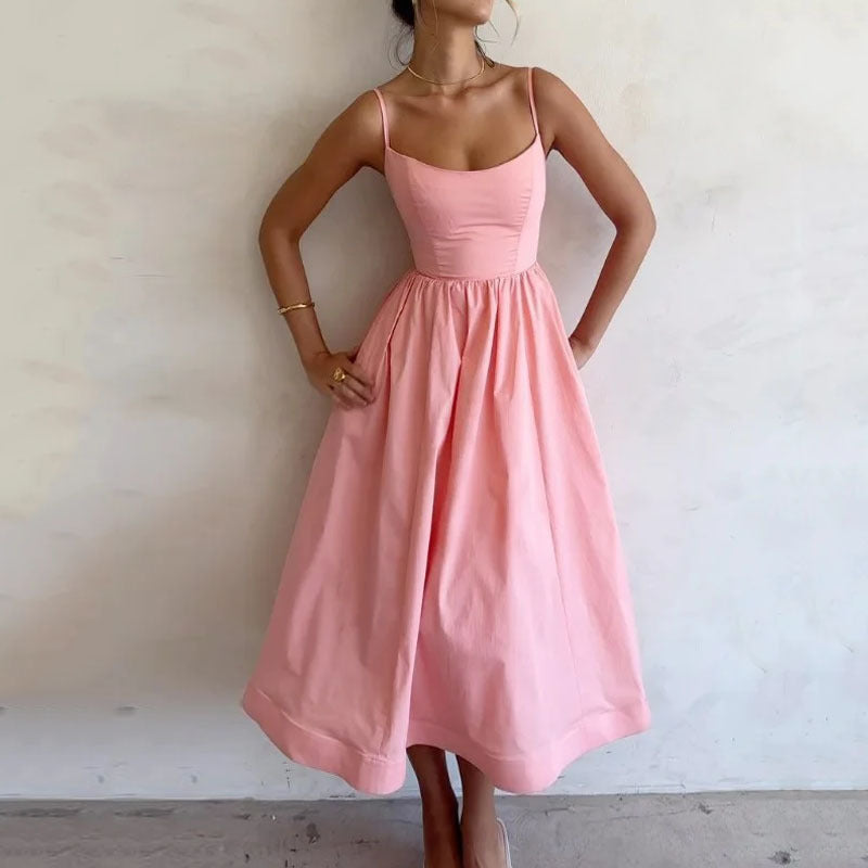 Women’s Fit and Flare Midi Summer Dress with Spaghetti Straps