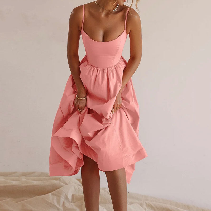 Women’s Fit and Flare Midi Summer Dress with Spaghetti Straps