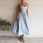 Women’s Fit and Flare Midi Summer Dress with Spaghetti Straps