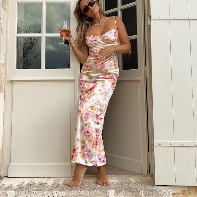 Women’s Floral Bodycon Maxi Dress with Spaghetti Straps