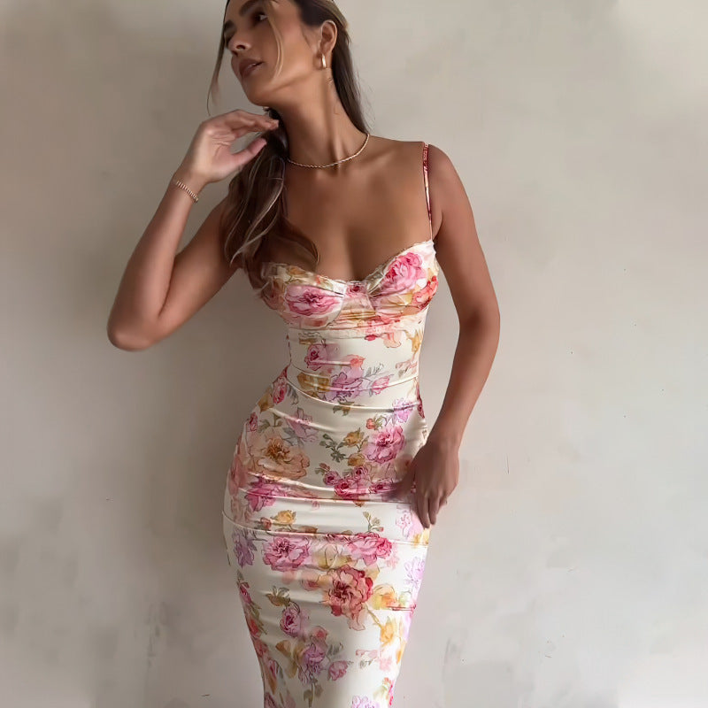 Women’s Floral Bodycon Maxi Dress with Spaghetti Straps