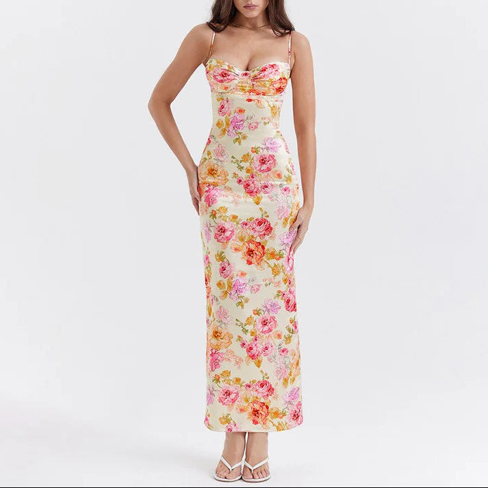 Women’s Floral Bodycon Maxi Dress with Spaghetti Straps