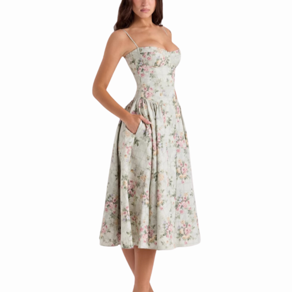 Women’s Floral Corset Drop Waist Midi Dress with Spaghetti Strap