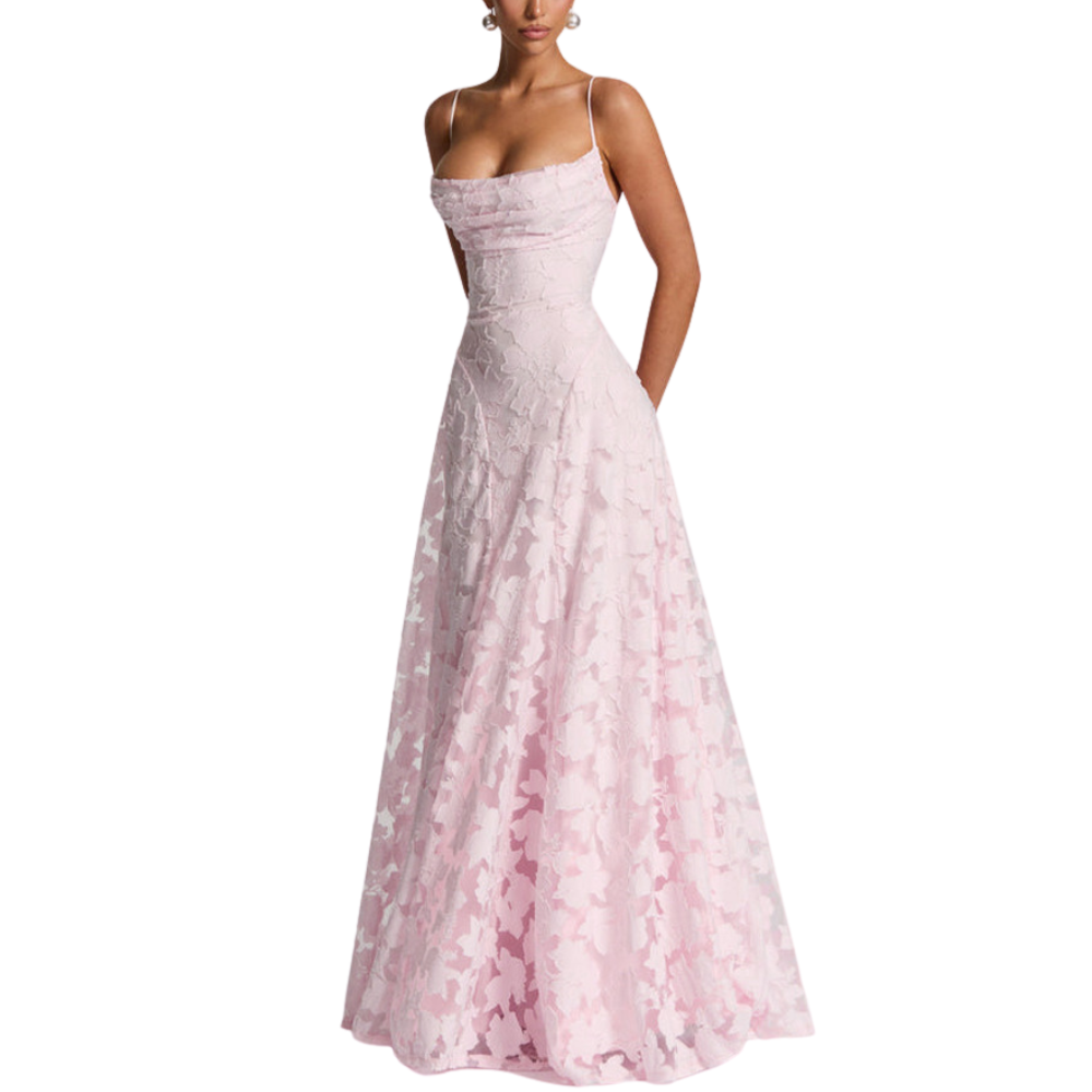 Women’s Floral Lace Maxi Dress with Backless Strap Detail