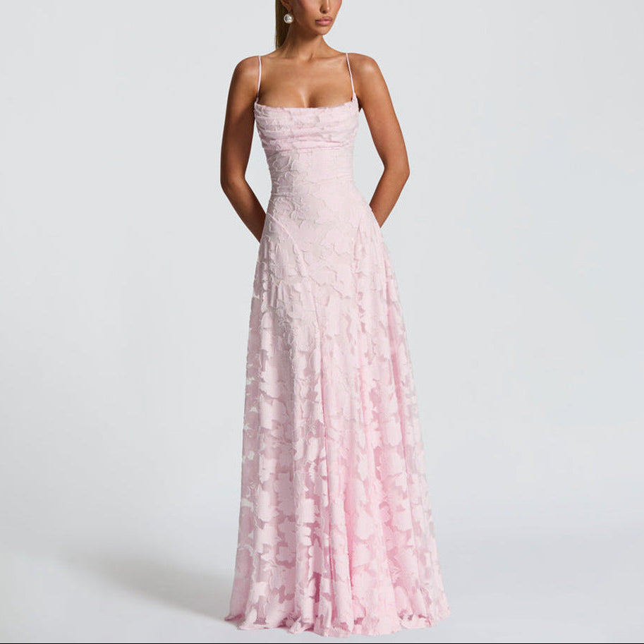 Women’s Floral Lace Maxi Dress with Backless Strap Detail