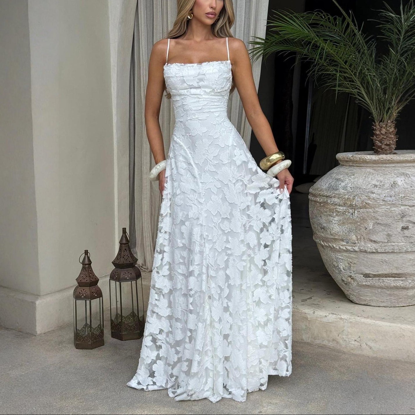 Women’s Floral Lace Maxi Dress with Backless Strap Detail