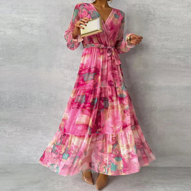 Women’s Floral Long Sleeve Maxi Dress with Tie Waist