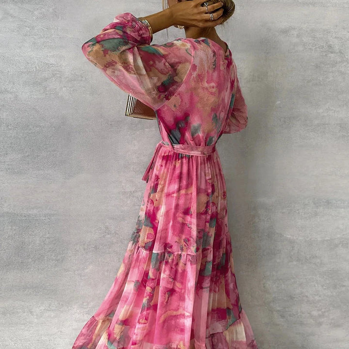 Women’s Floral Long Sleeve Maxi Dress with Tie Waist