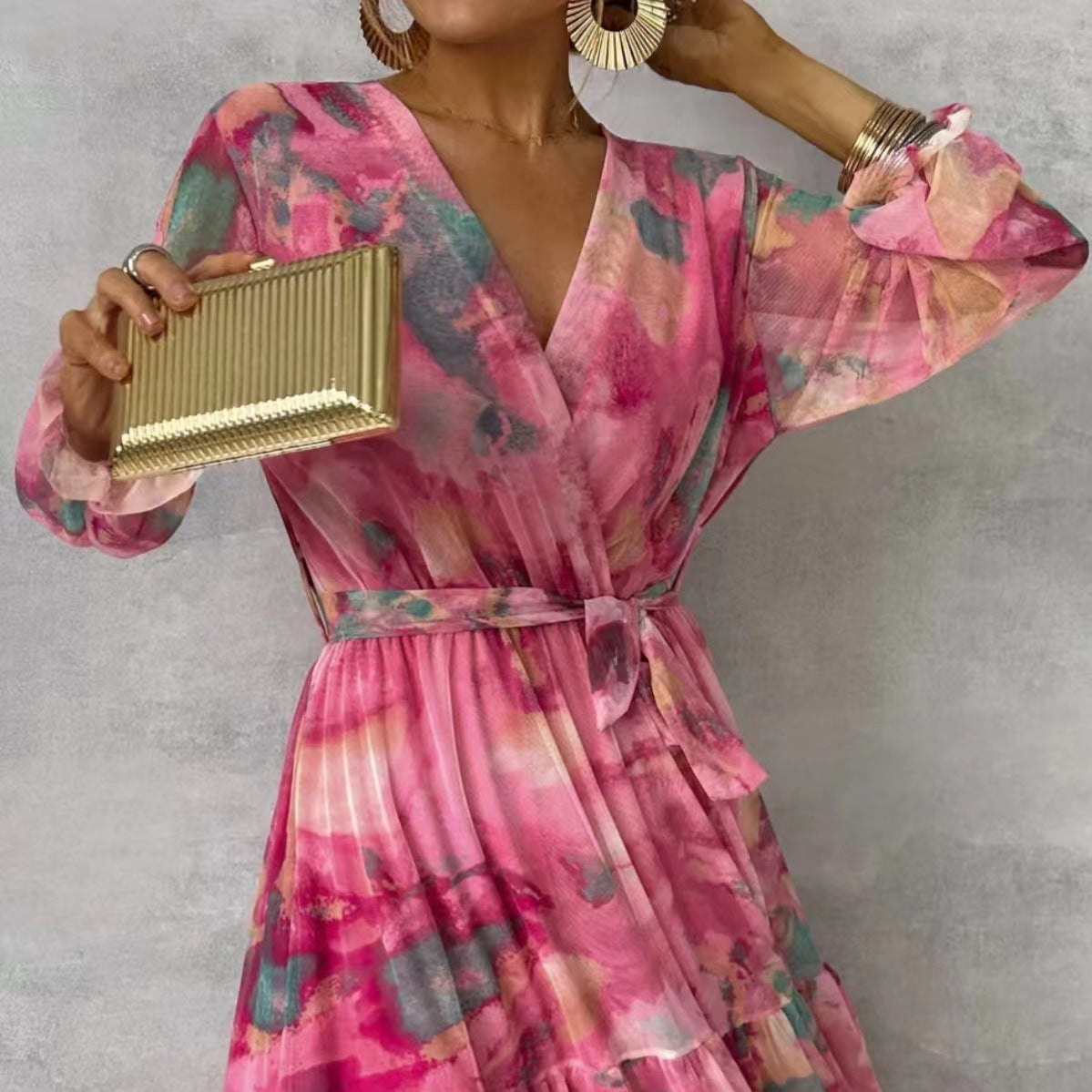 Women’s Floral Long Sleeve Maxi Dress with Tie Waist