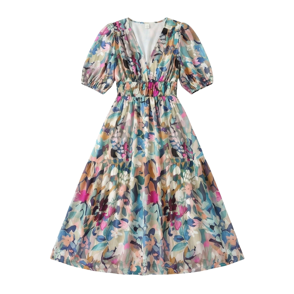Women’s Floral Puff Sleeve Midi Dress with V Neck and Shirred Waist
