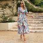 Women’s Floral Puff Sleeve Midi Dress with V Neck and Shirred Waist