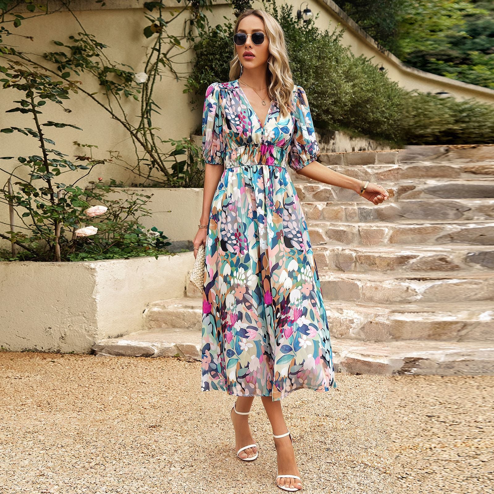Women’s Floral Puff Sleeve Midi Dress with V Neck and Shirred Waist