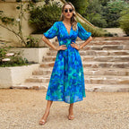 Women’s Floral Puff Sleeve Midi Dress with V Neck and Shirred Waist