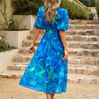 Women’s Floral Puff Sleeve Midi Dress with V Neck and Shirred Waist