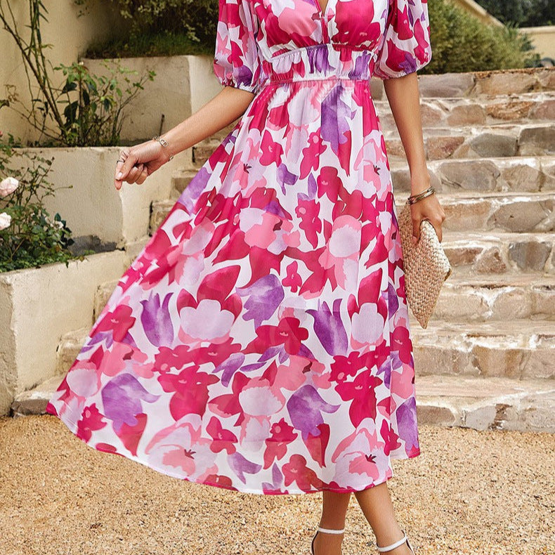 Women’s Floral Puff Sleeve Midi Dress with V Neck and Shirred Waist