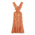 Women’s Floral Ruffle Shoulder Maxi Dress with Open Back Tie Detail
