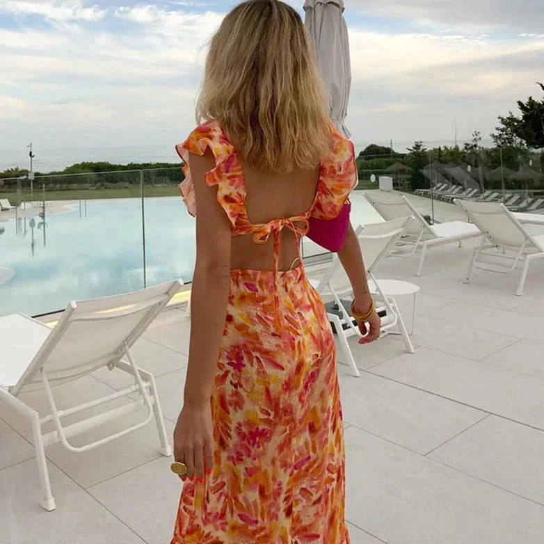 Women’s Floral Ruffle Shoulder Maxi Dress with Open Back Tie Detail