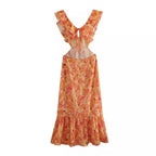 Women’s Floral Ruffle Shoulder Maxi Dress with Open Back Tie Detail