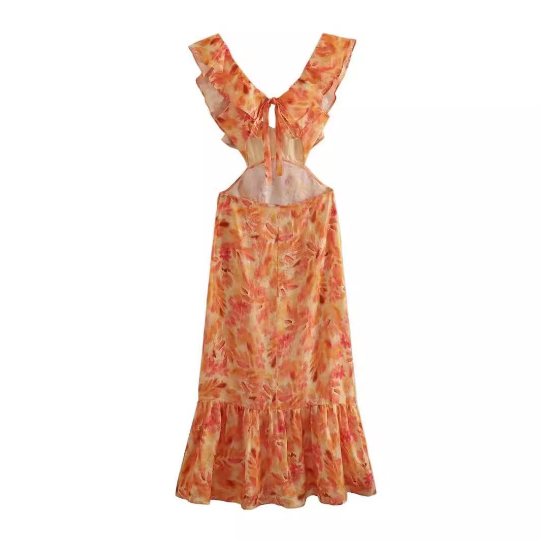 Women’s Floral Ruffle Shoulder Maxi Dress with Open Back Tie Detail