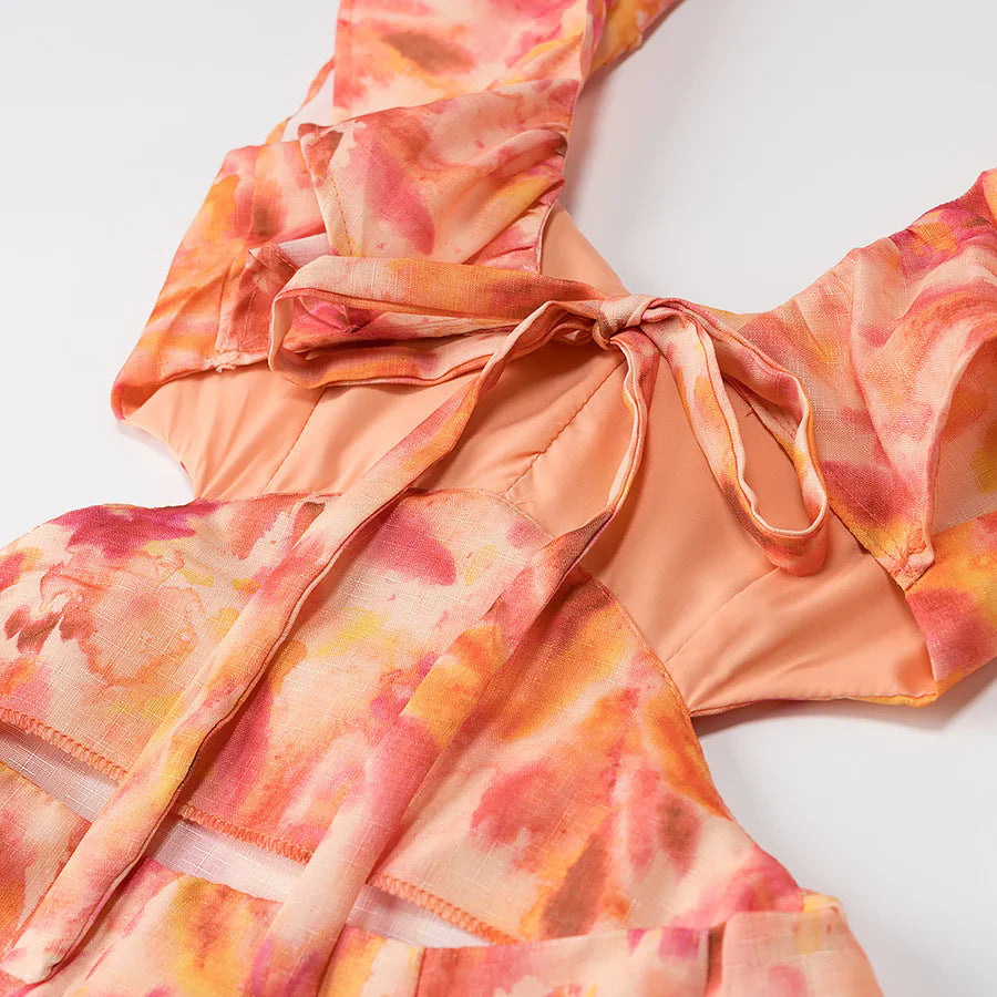 Women’s Floral Ruffle Shoulder Maxi Dress with Open Back Tie Detail